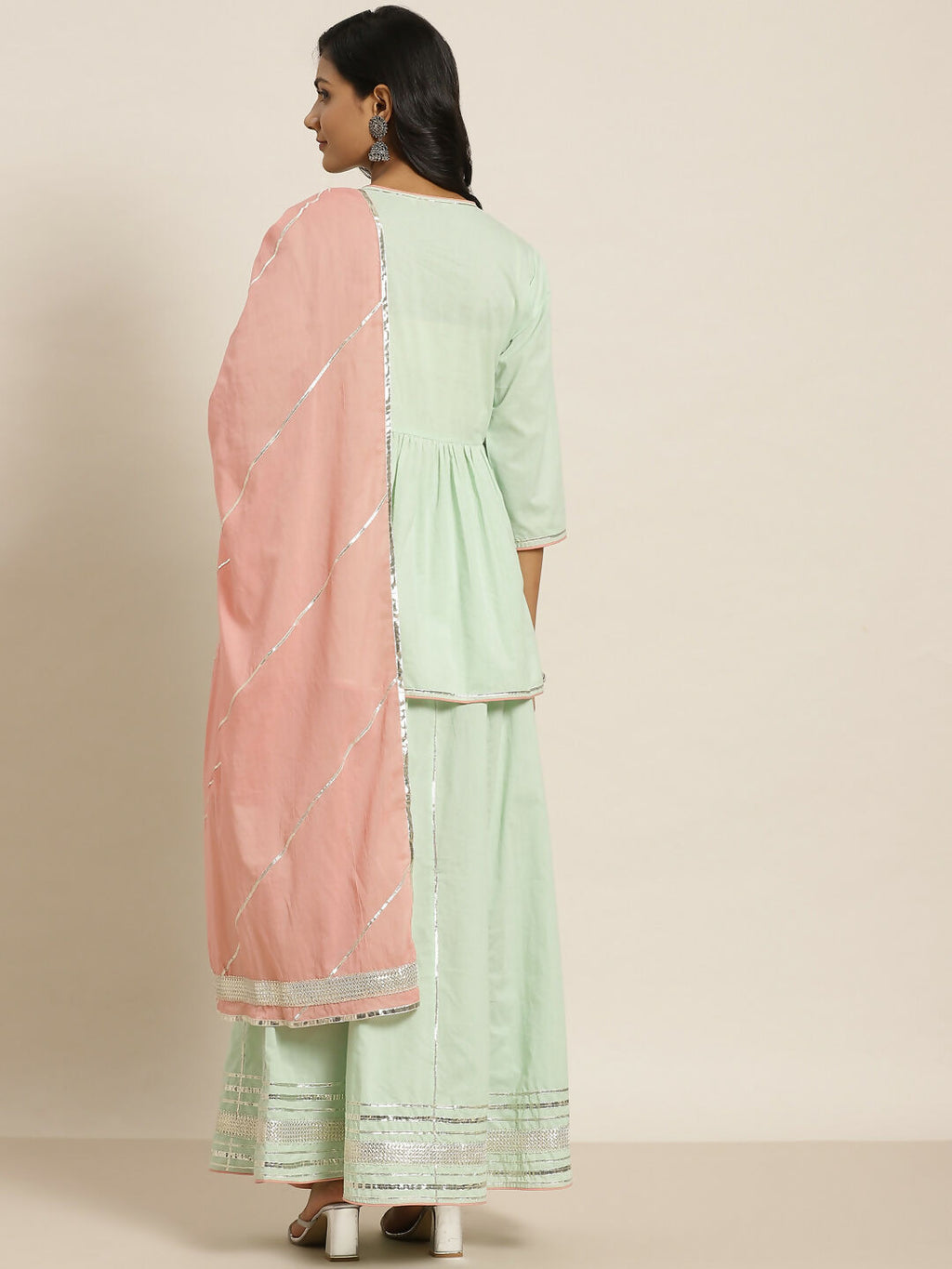 Juniper Pista Green Thread Embroidered Kurta Palazzo & Cotton Dupatta Set | Grocsy