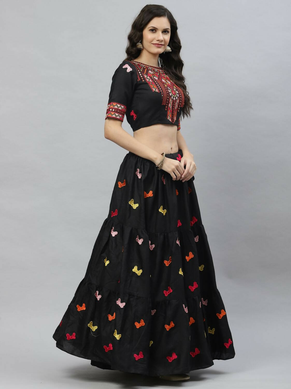 Black Cotton Embroidered Work Lehenga Choli with Dupatta - Jivika | Grocsy