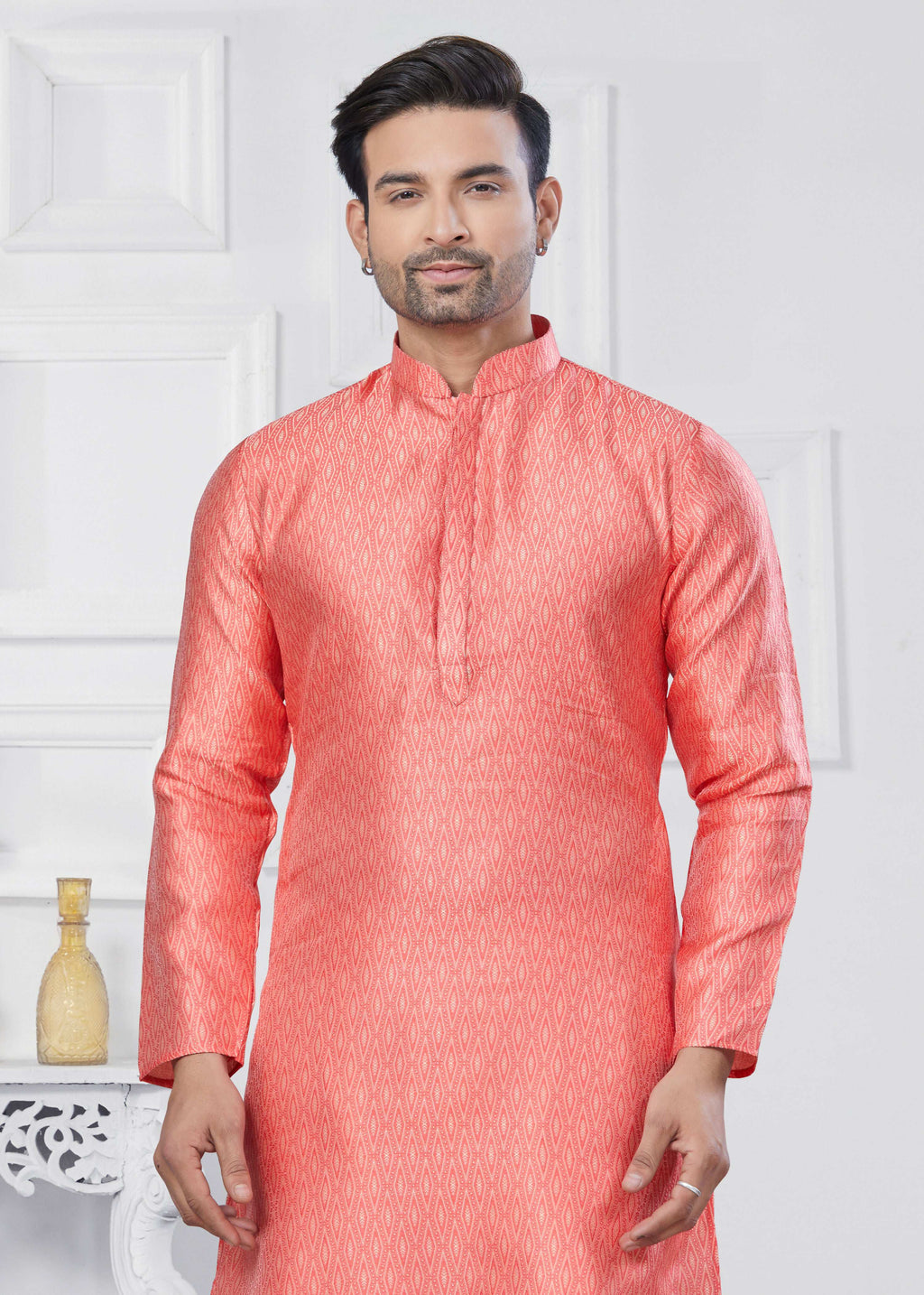 Joban Fashion Men's Jacquard Silk Pink Printed Kurta Pyjama set | Grocsy