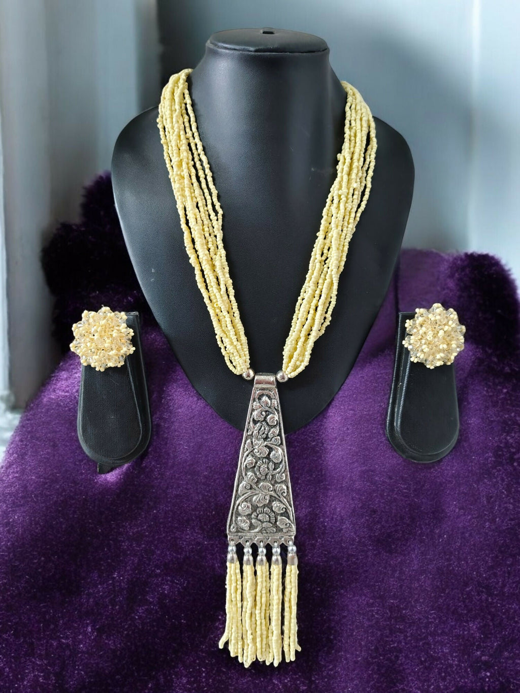 Inhanns Day-To-Dinner Tie Shaped Oxidized Black Metal Multi-Layered Long Necklace Set - Cream | Grocsy