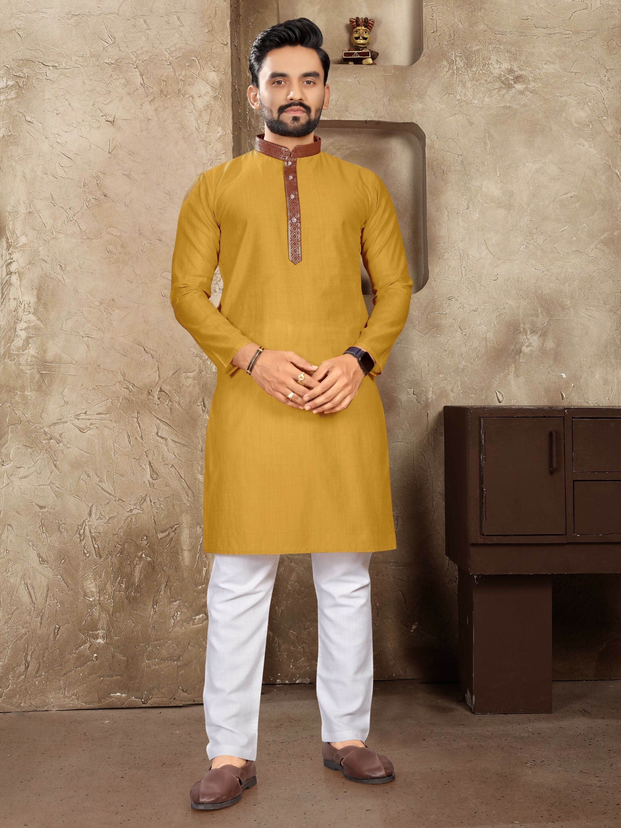 Anaita Mustard Linen Silk Straight Kurta | Grocsy