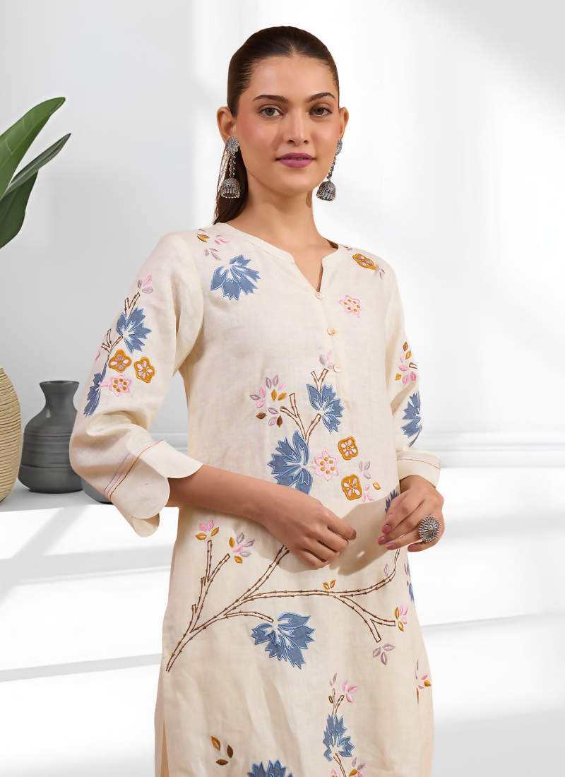 Joban Fashion Cream Linen Embroidered Readymade Long Kurta With Pant | Grocsy
