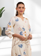 Joban Fashion Cream Linen Embroidered Readymade Long Kurta With Pant | Grocsy