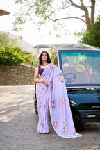 Vastranavya Lavender Weightless Marble Printed & Pearl Lace Border Saree with Unstitched Blouse | Grocsy