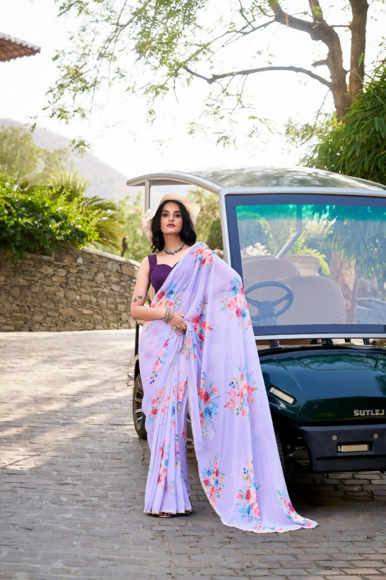 Vastranavya Lavender Weightless Marble Printed & Pearl Lace Border Saree with Unstitched Blouse | Grocsy