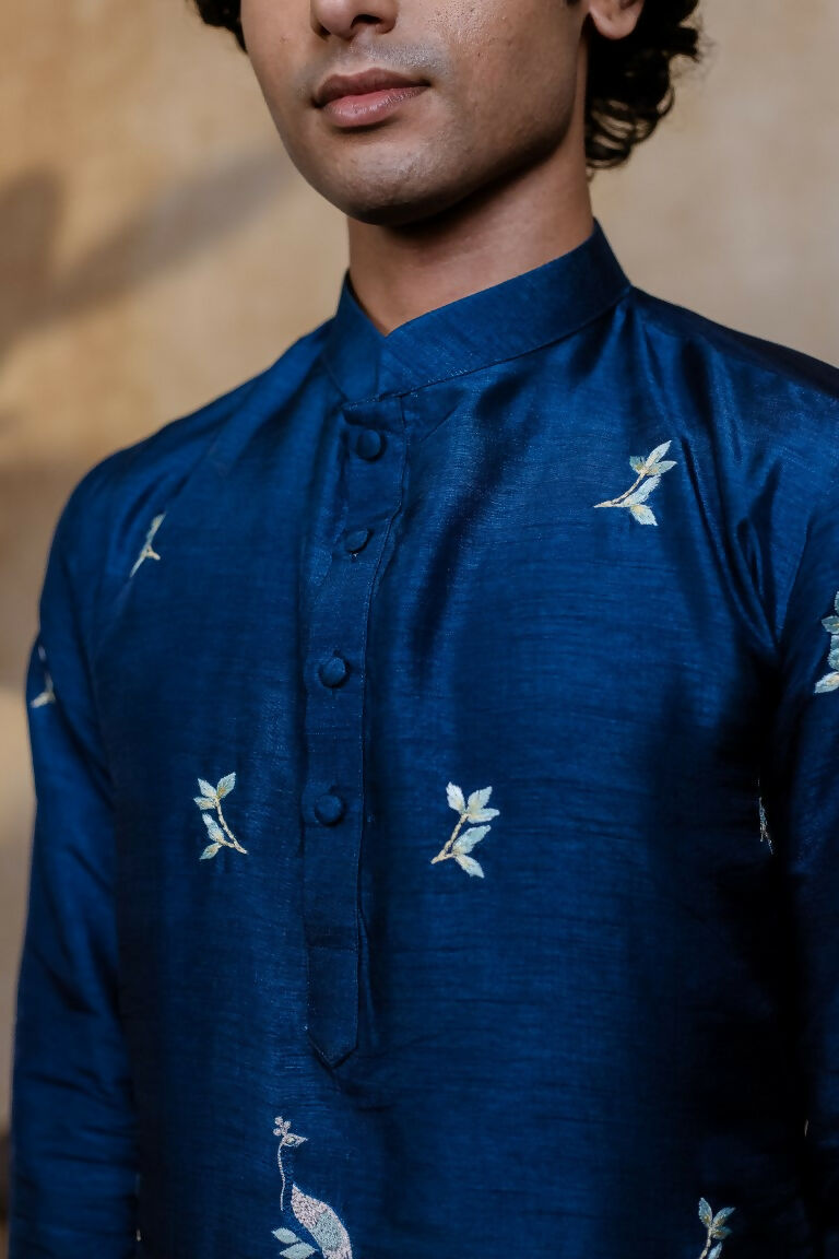 Falling Raw Silk Navy Blue Neel Mayura Kurta Set By Hilo Design | Grocsy