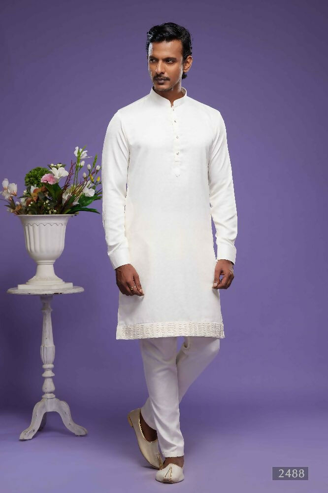 Raivat Ethnic Art Banarasi Silk Thread Work Kurta Pajama In Cream Colour | Grocsy
