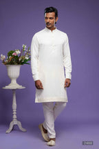 Raivat Ethnic Art Banarasi Silk Thread Work Kurta Pajama In Cream Colour | Grocsy