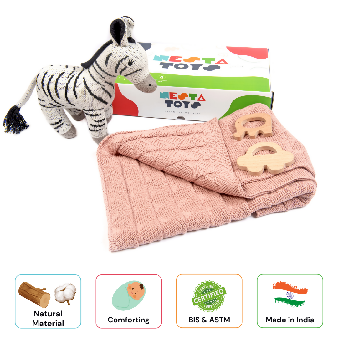 Nesta Toys Newborn Gift Set - Knitted Cotton Blanket, Zebra Plush Toy, Elephant & Car Teether | Grocsy