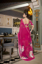 Vastranavya Pink Spectacular Georgette Printed with Pearl Lace Saree with Unstitched Blouse | Grocsy
