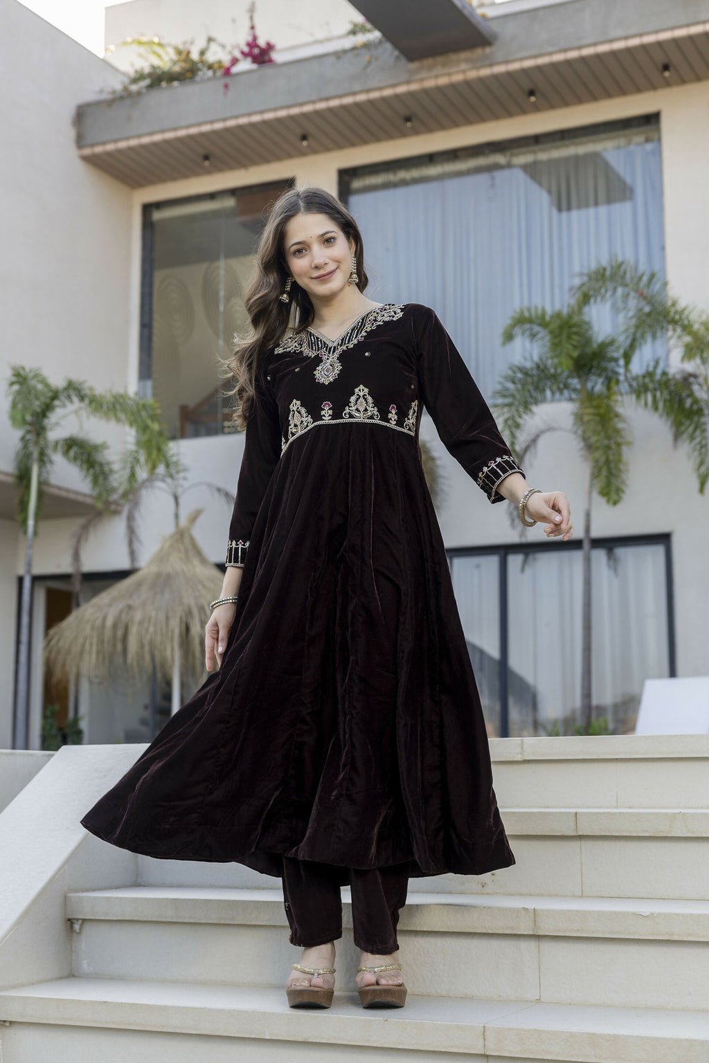 The52 Women's Beautiful Velvet Fabric Embroidery Work Flared Anarkali Pant and Dupatta Set | Grocsy