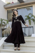 The52 Women's Beautiful Velvet Fabric Embroidery Work Flared Anarkali Pant and Dupatta Set | Grocsy