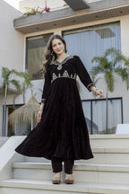 The52 Women's Beautiful Velvet Fabric Embroidery Work Flared Anarkali Pant and Dupatta Set | Grocsy