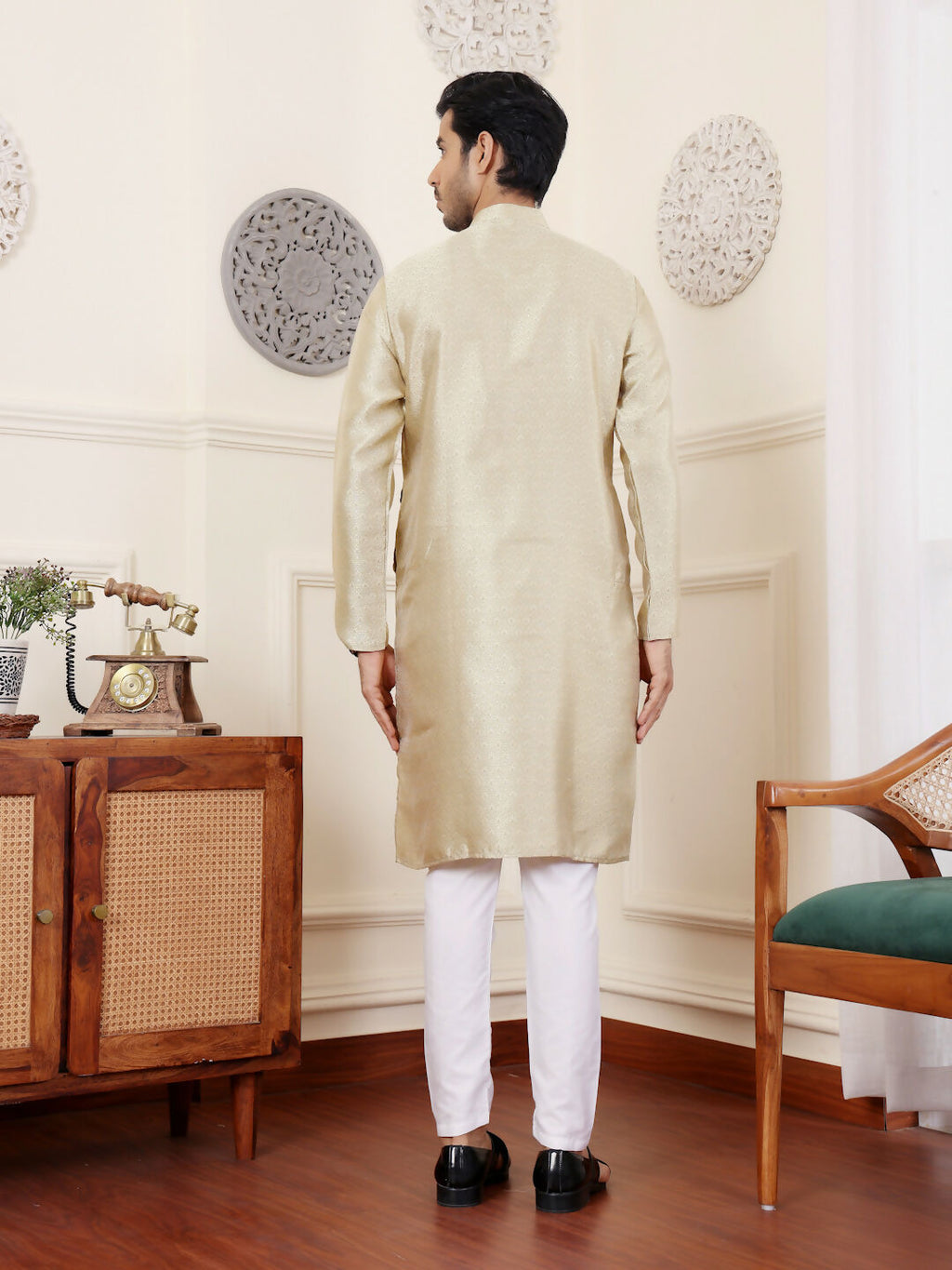Beige Viscose Woven Jacquard Work Men's Rajwadi Kurta Set - Mahotsav | Grocsy