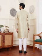 Beige Viscose Woven Jacquard Work Men's Rajwadi Kurta Set - Mahotsav | Grocsy