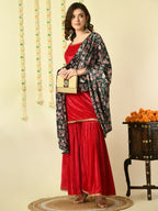 Myshka Women's Pink Velvet Kurti & Sharara With Dupatta Party Sets | Grocsy