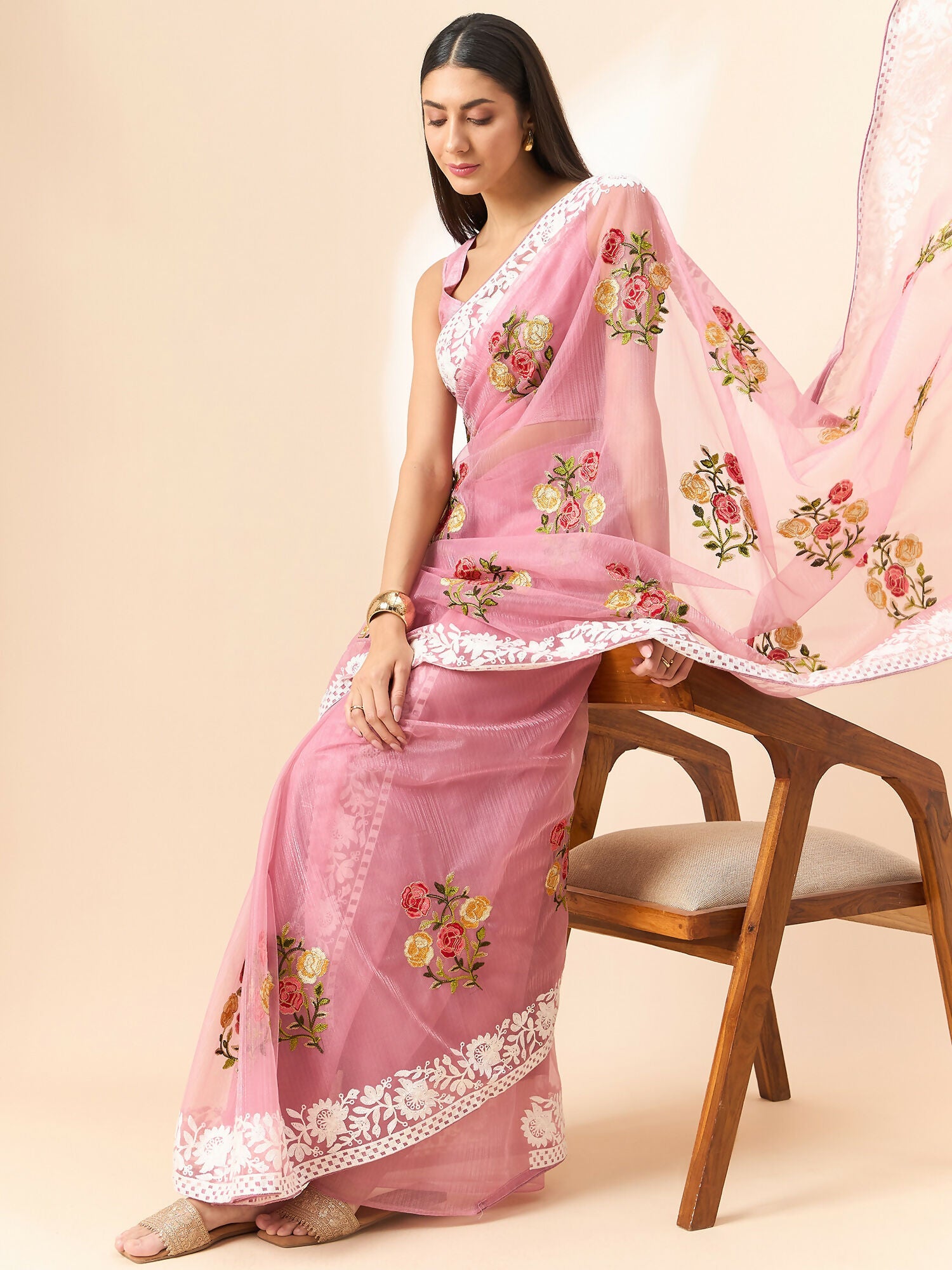 Pink Organza Floral Embroidered Saree with Unstitched Blouse Piece - Roozal | Grocsy