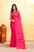 Piyari Fashion Women's Rani Pink Embellished Cotton Blend Jamdani Saree | Grocsy
