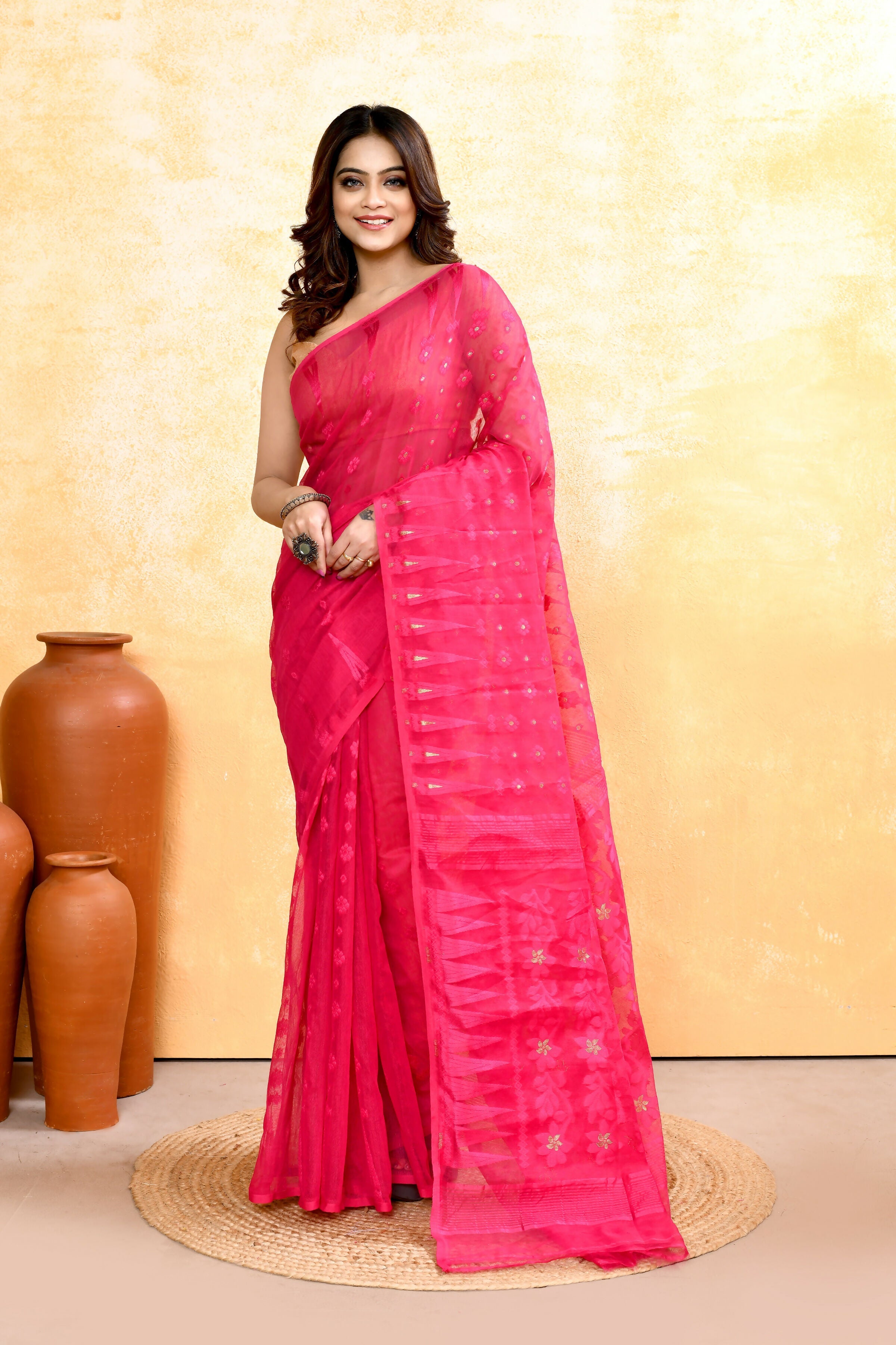 Piyari Fashion Women's Rani Pink Embellished Cotton Blend Jamdani Saree | Grocsy