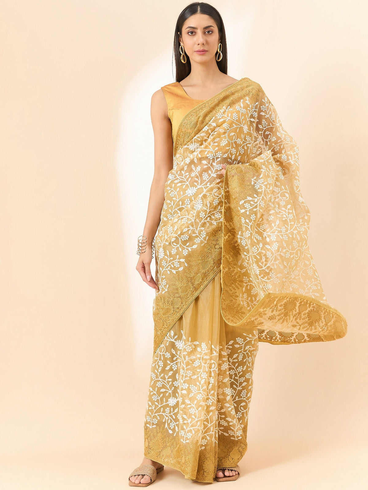 Beige Organza Floral Embroidered Saree with Unstitched Blouse Piece - Roozal | Grocsy