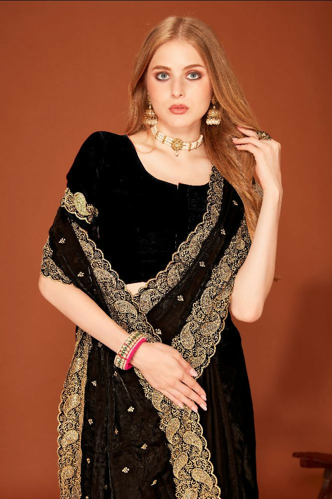 PR Fashion Black Fendi Two Tone Silk Heavy Zari Embroidery Work With Heavy Siroski Work Saree | Grocsy