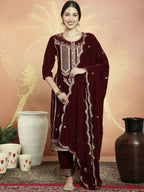 Jyoti Fashion Women's Maroon Velvet Cording with Resham Thread & Sequin Kurta with Trouser & Dupatta | Grocsy
