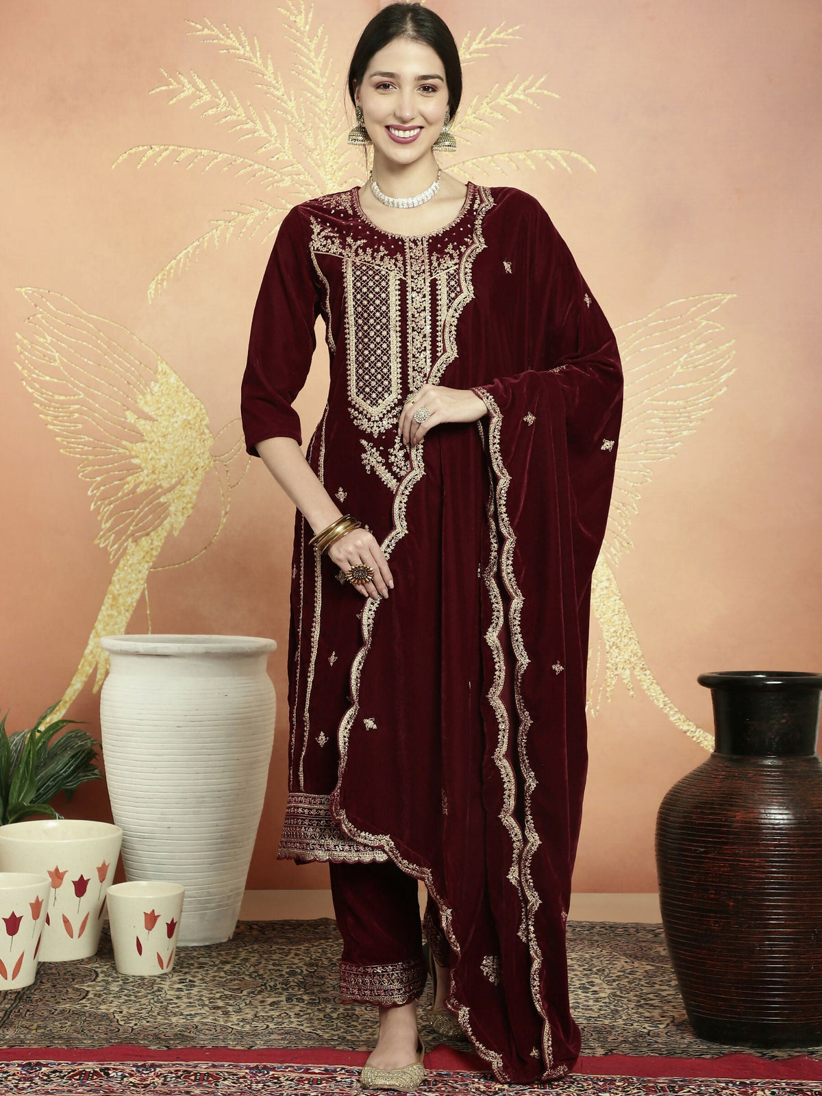 Jyoti Fashion Women's Maroon Velvet Cording with Resham Thread & Sequin Kurta with Trouser & Dupatta | Grocsy