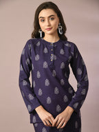 Myshka Women's Navy Blue Embellished Raglan Sleeve Party Top | Grocsy
