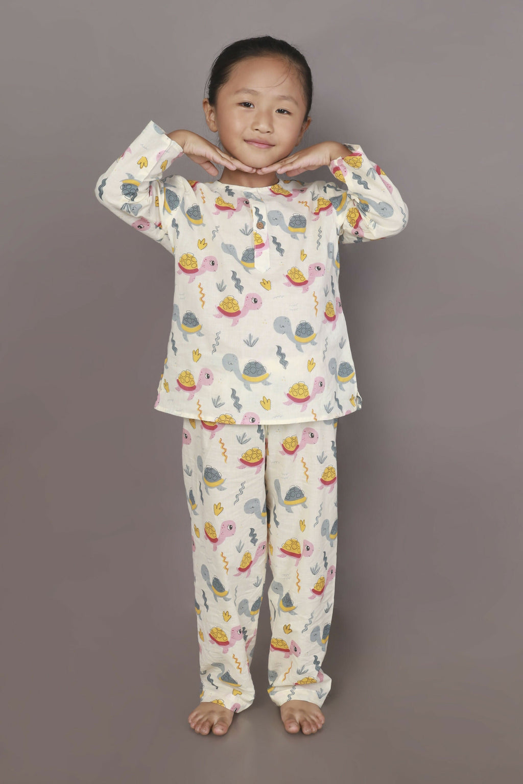 Breathables Kids Cotton Turtle Print Co-Ord Night Suit – White & Multi-Color | Grocsy
