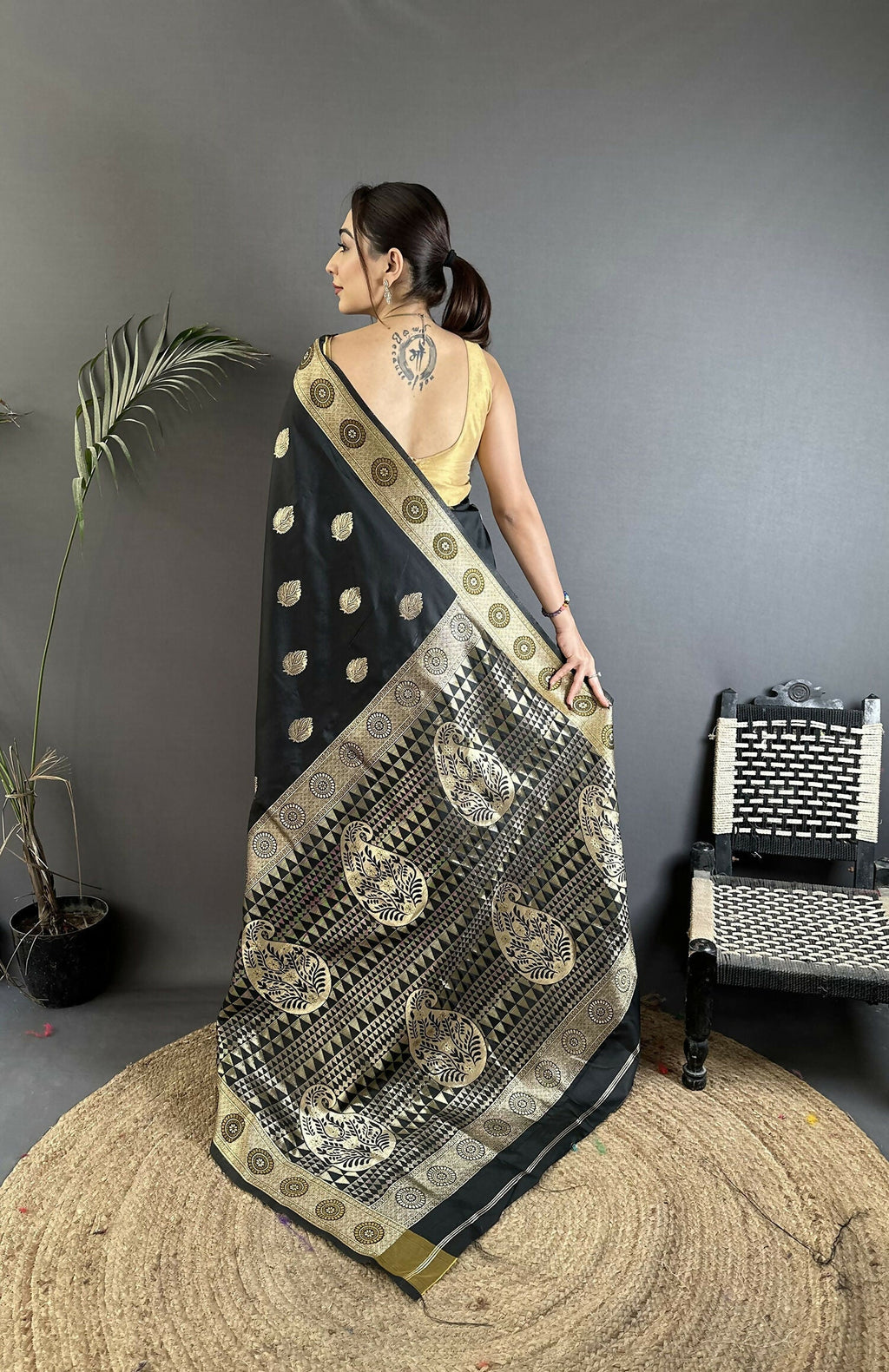 Joban Fashion Black Paisley Soft Silk Banarasi Saree | Grocsy