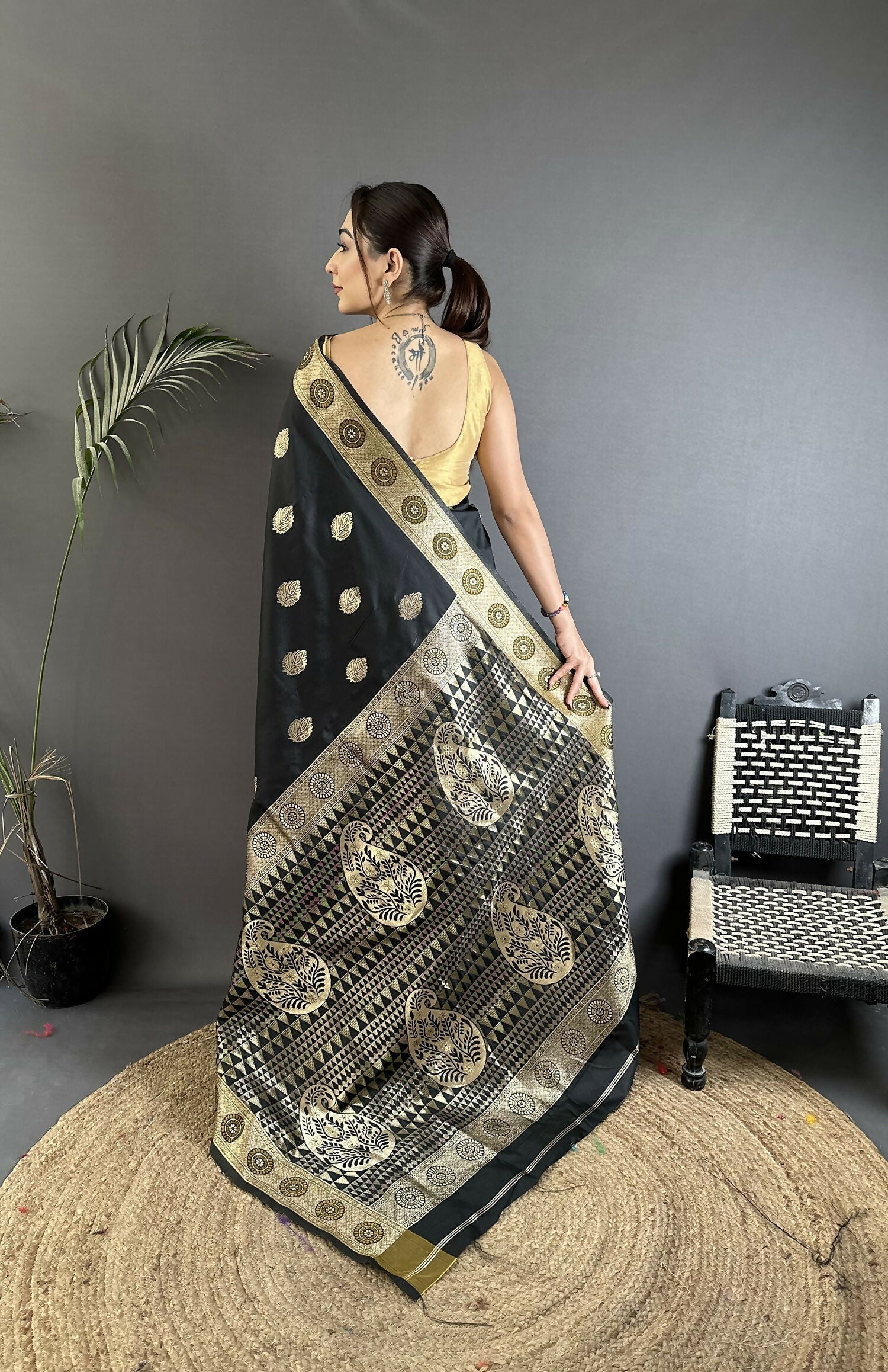Joban Fashion Black Paisley Soft Silk Banarasi Saree | Grocsy