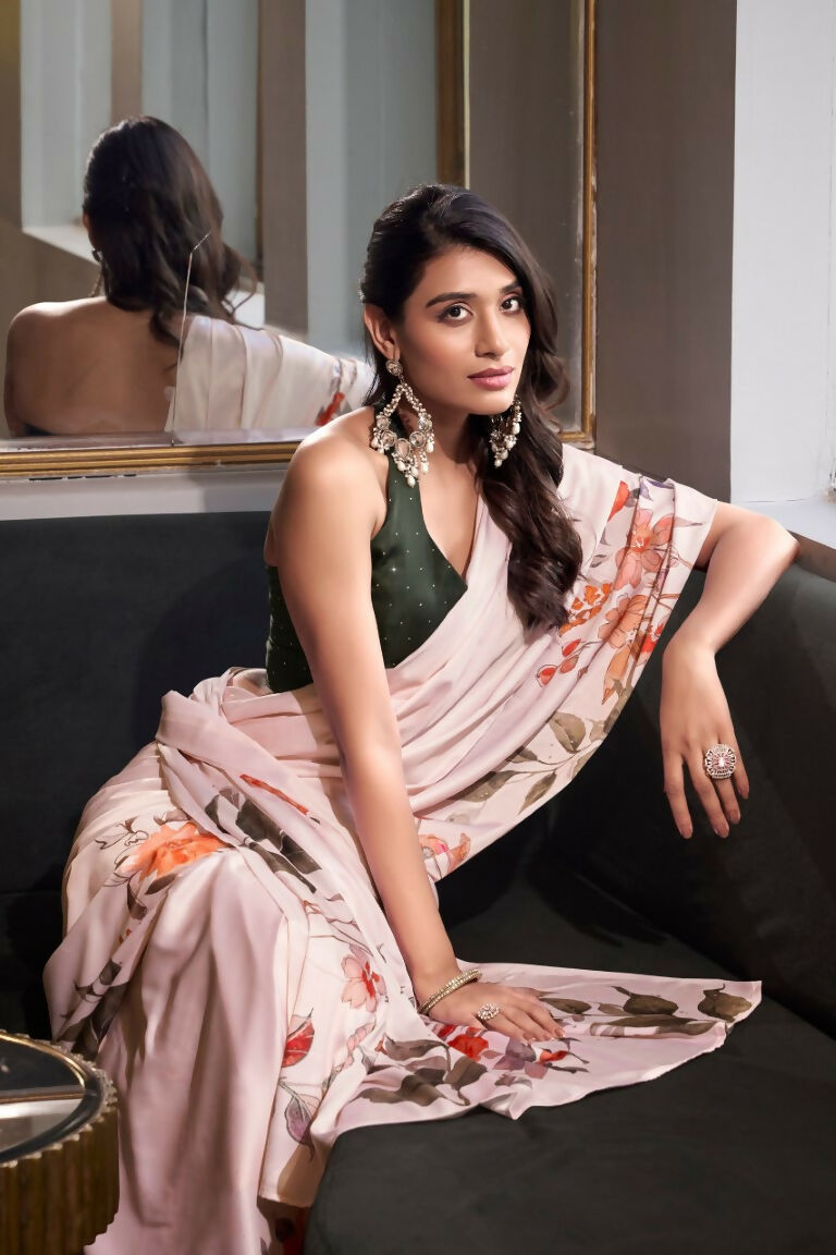 Vastranavya Off White Satin Silk Printed Saree with Hotfix Work Unstitched Blouse | Grocsy