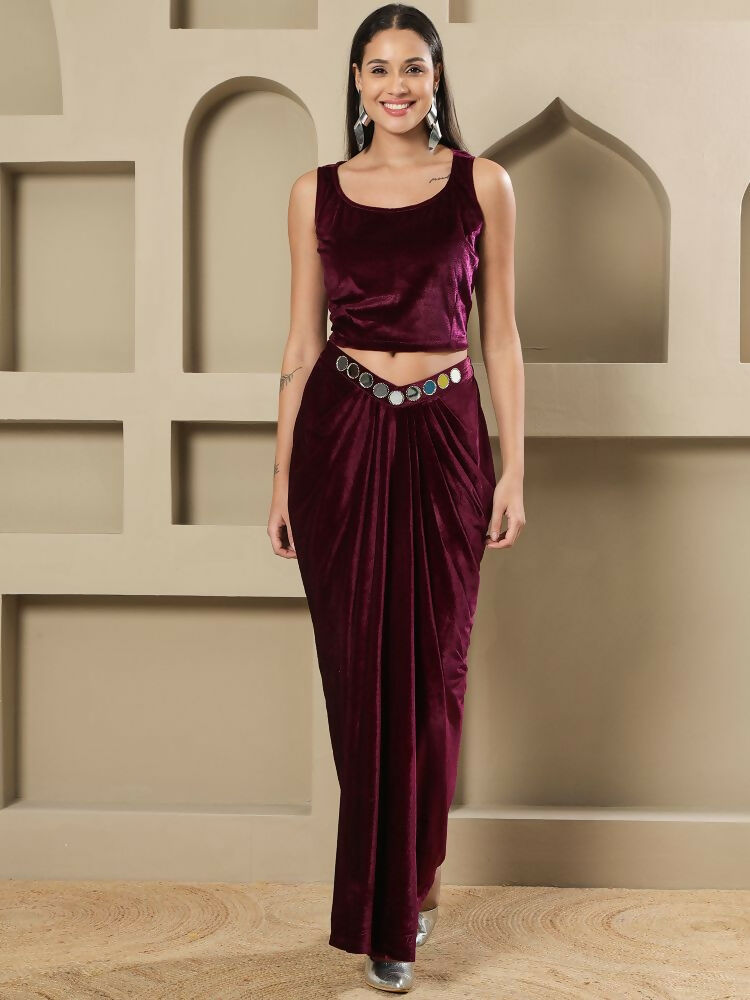Joban Fashion Women Wine Velvet Hand Embellishment Stitched Dress | Grocsy