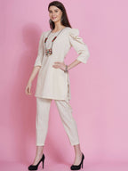 Women Republic Off White Cotton Flex Kurta With Attached Necklace And Pants | Grocsy