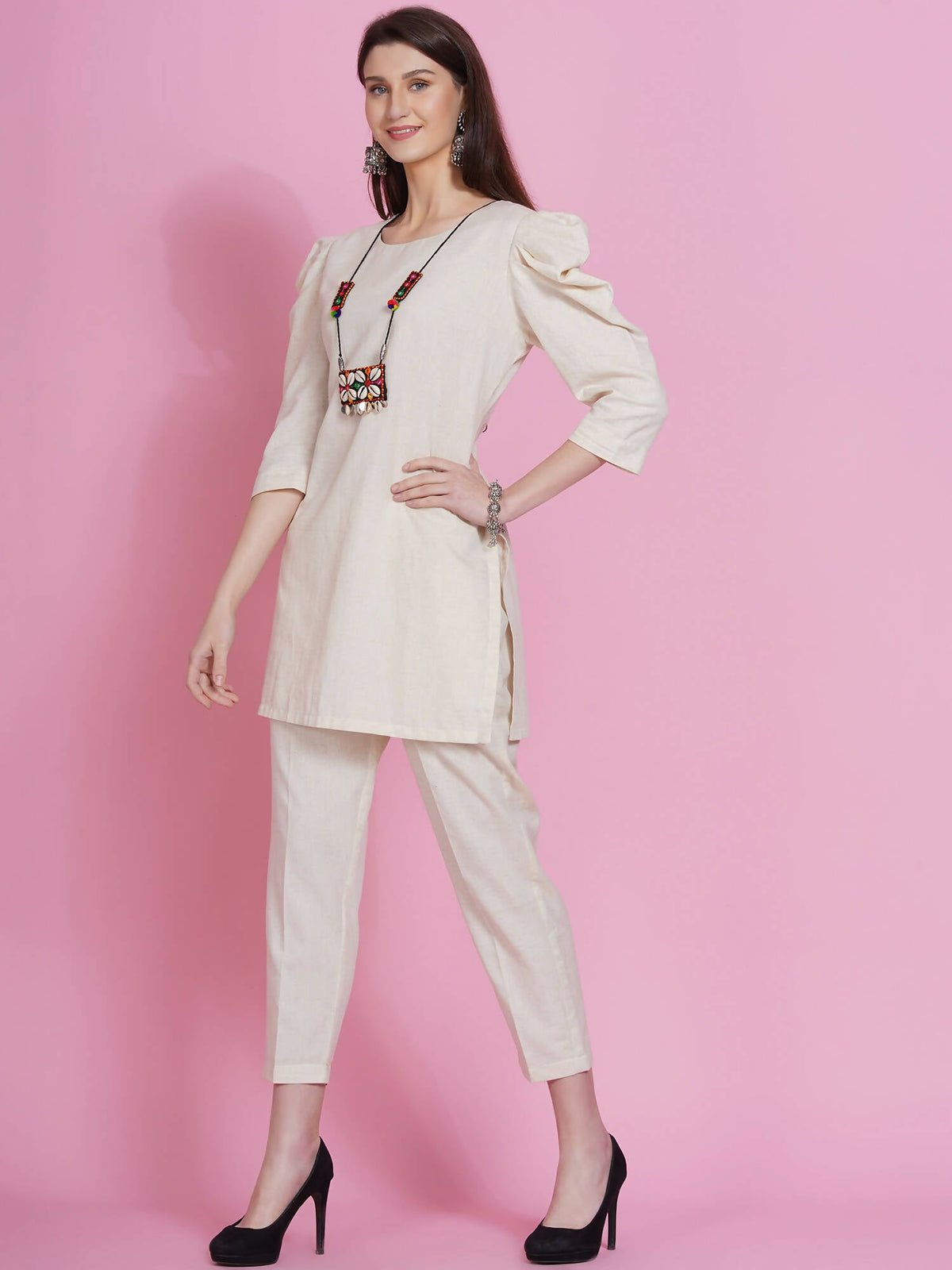 Women Republic Off White Cotton Flex Kurta With Attached Necklace And Pants | Grocsy