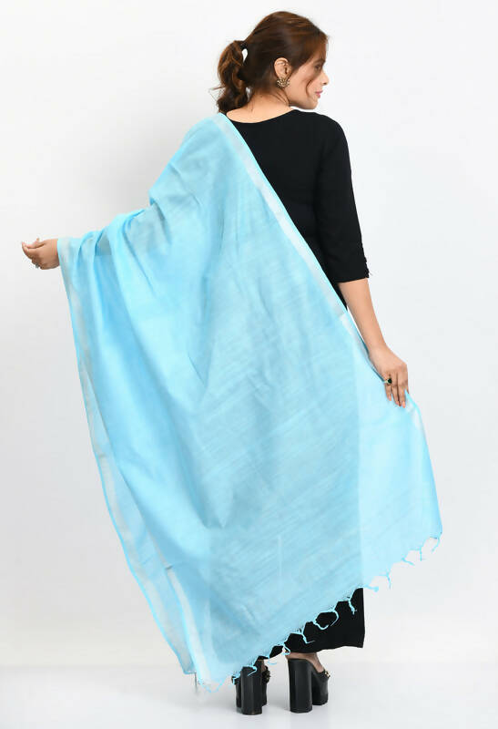 Mominos Fashion Moeza Women's Linen Cotton Silver Border Sky Blue Dupatta | Grocsy