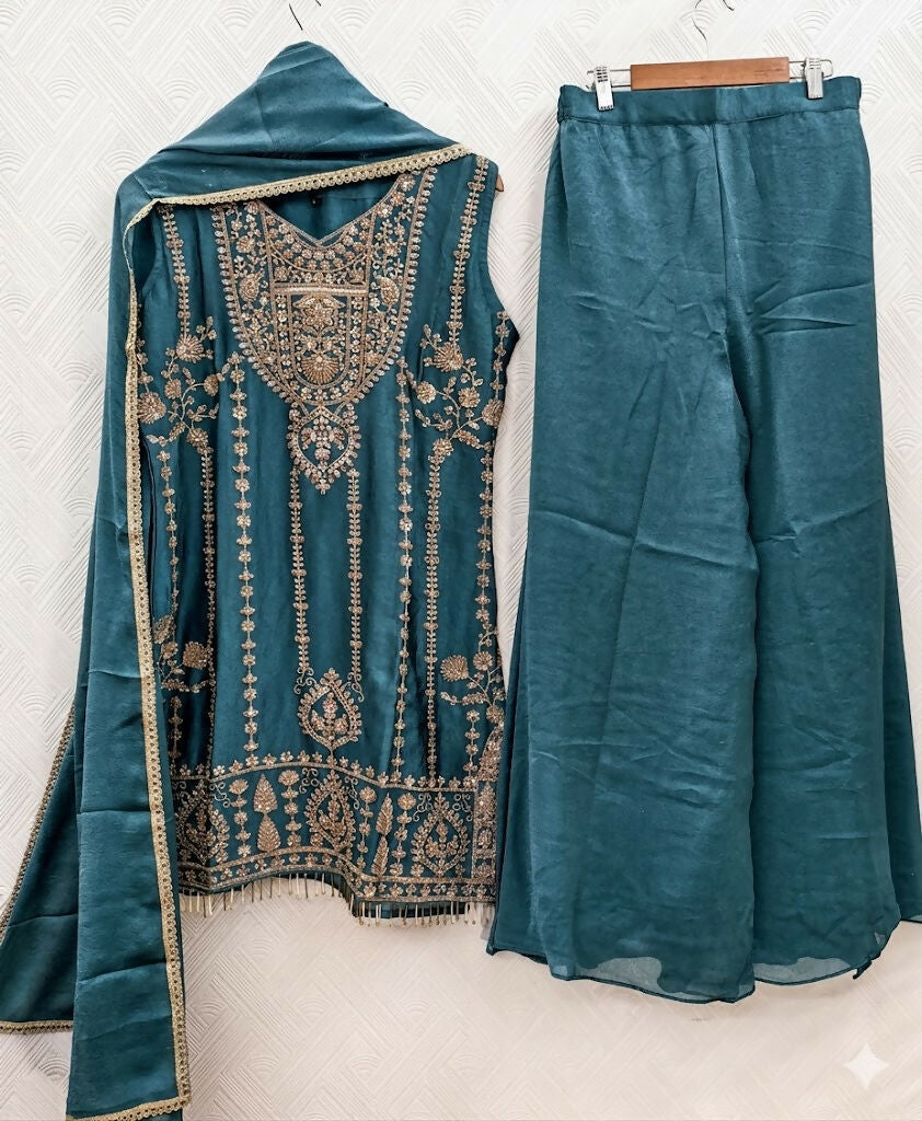 Teeya Creation Womens New Trendy Stylish Heavy Embroiedery With Beads Work Teal Kurta Set | Grocsy