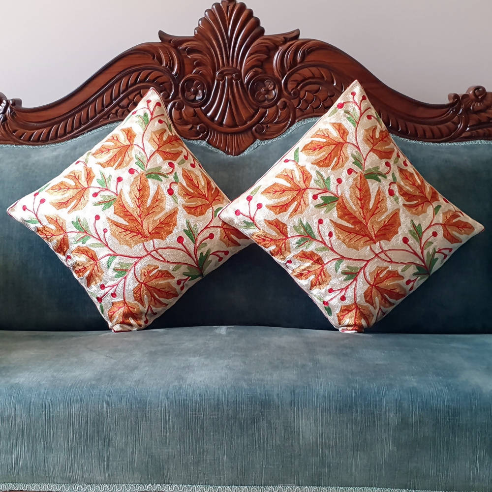 The Decor Nook Hand Embroidered Crewel Cushion Covers in Mustard Chinar Leaf Motif | Grocsy