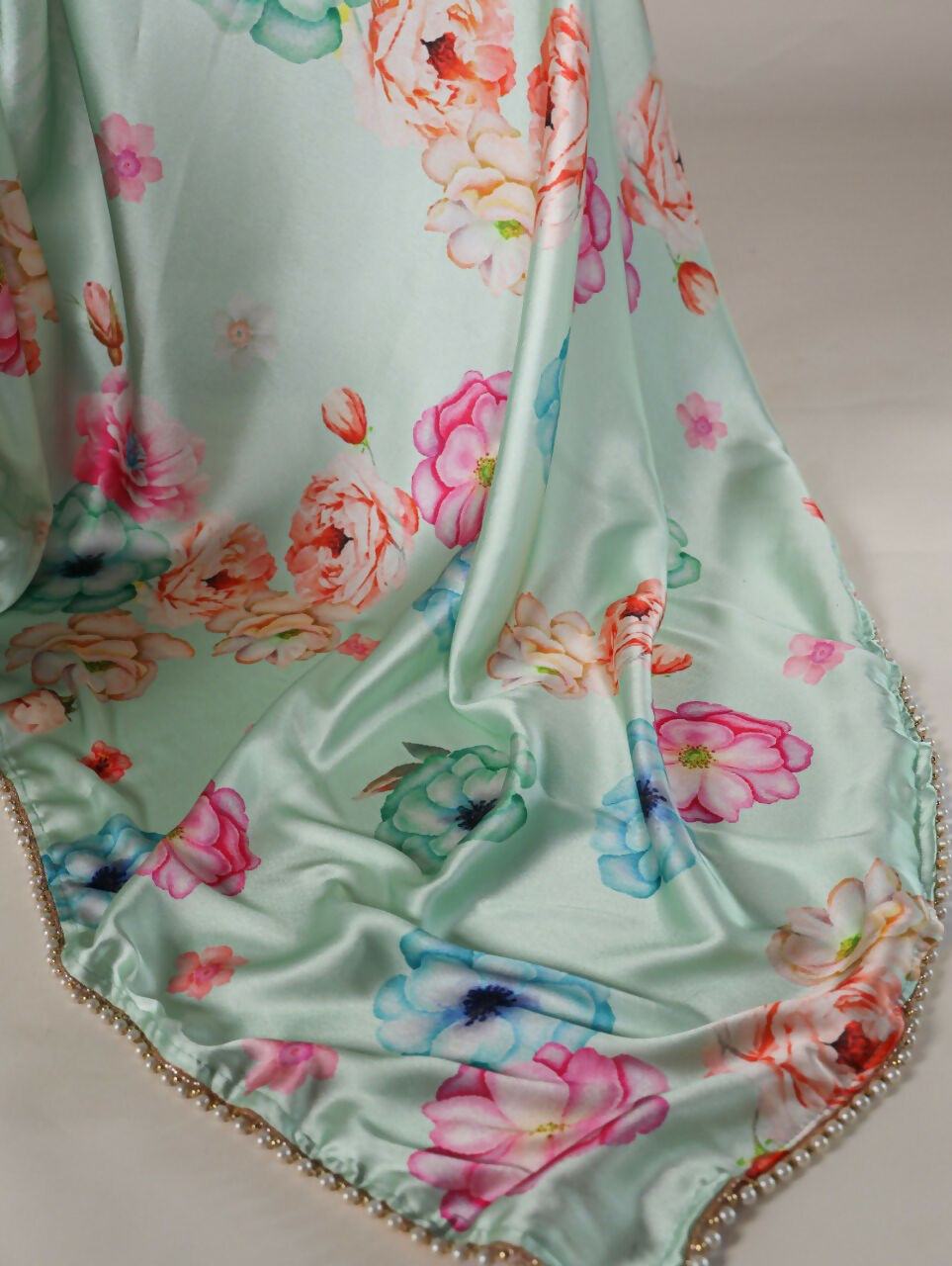 Vastranavya Pista Satin Silk Floral Printed with Pearl Lace Saree with Unstitched Blouse | Grocsy