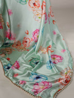 Vastranavya Pista Satin Silk Floral Printed with Pearl Lace Saree with Unstitched Blouse | Grocsy