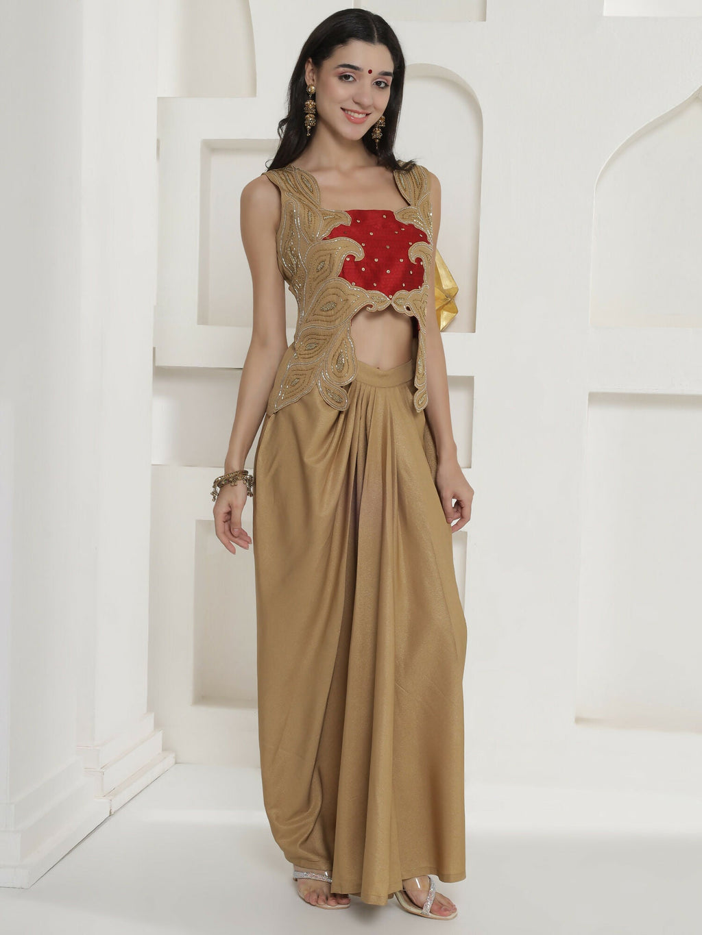 Joban Fashion Golden Shimmer Chinnon Skirt Set | Grocsy