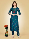 Jyoti Fashion Women's Teal Viscose Rayon Embroidered Kurta Pant Set | Grocsy