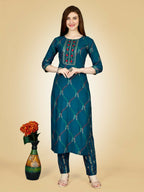 Jyoti Fashion Women's Teal Viscose Rayon Embroidered Kurta Pant Set | Grocsy