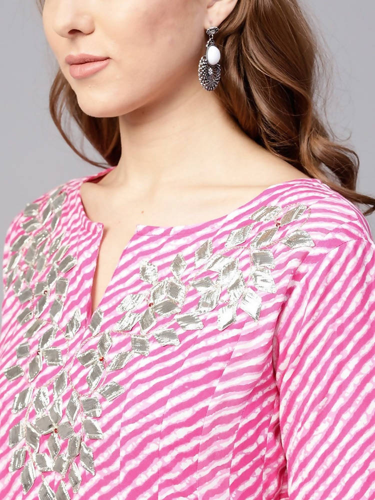 Yufta Women Pink & White Lehariya Print Anarkali Kurta | Grocsy