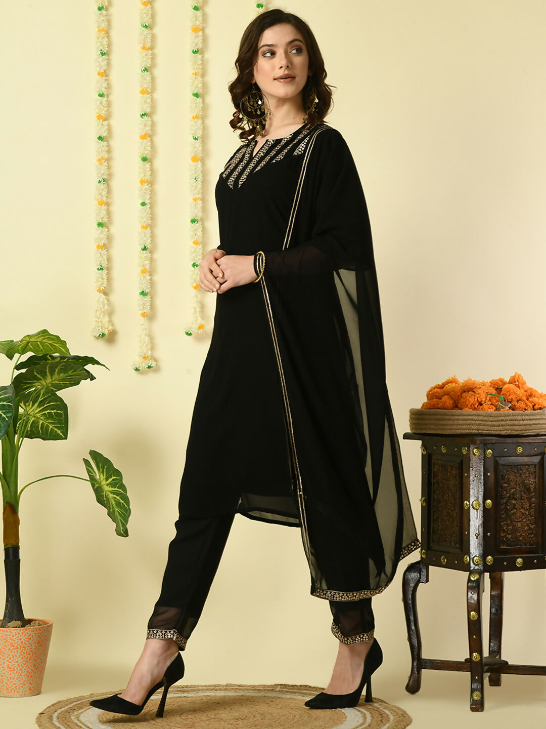 Myshka Women's Black Georgette Kurta & Trousers With Dupatta Party Sets | Grocsy