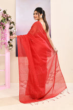 Piyari Fashion Women's Red Self Sequins Embellished Cotton Blend Jamdani Saree | Grocsy