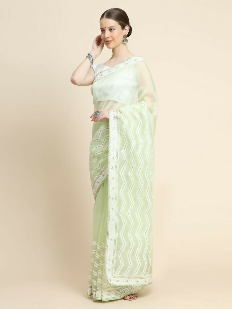 Vamsee Banno Lehriya Pista Green Organza Saree | Grocsy