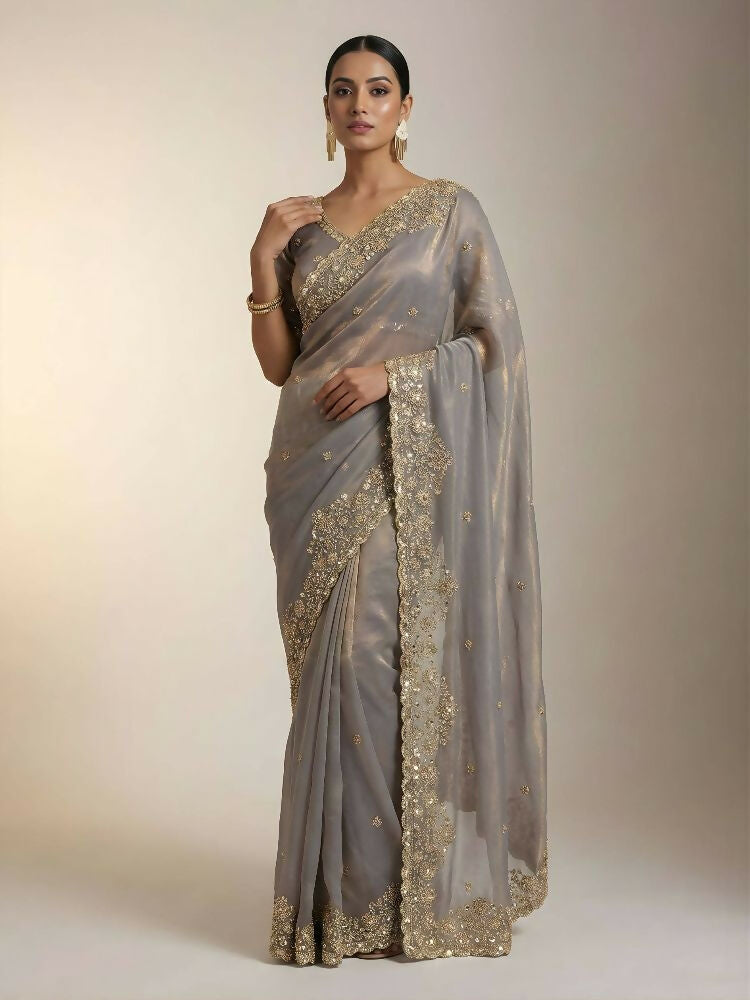 Joban Fashion Beige Fandy Satin Silk Party Wear Sarees | Grocsy