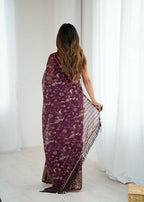 PR Fashion Wine Georgette Patta Plain With Foil Work And Small Lace And Zalar Lace Saree | Grocsy
