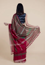 Suta Women Maroon Green Pure Handloom Cotton Saree | Grocsy